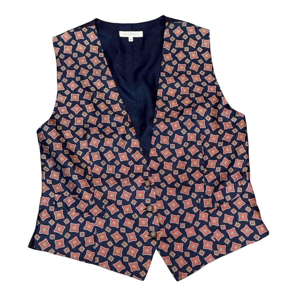 Vintage Ann Taylor 100% Silk Vest Navy Geometric Diamond Print Made in USA M